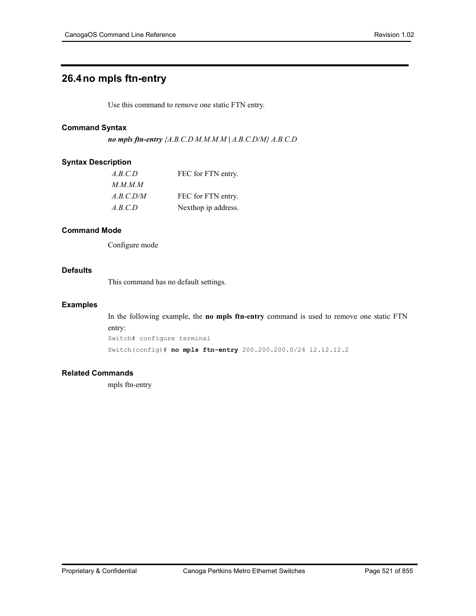 4 no mpls ftn-entry | CANOGA PERKINS CanogaOS Command Reference User Manual | Page 521 / 855