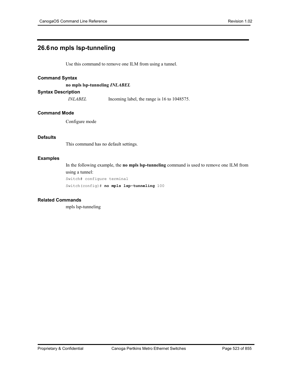 6 no mpls lsp-tunneling | CANOGA PERKINS CanogaOS Command Reference User Manual | Page 523 / 855