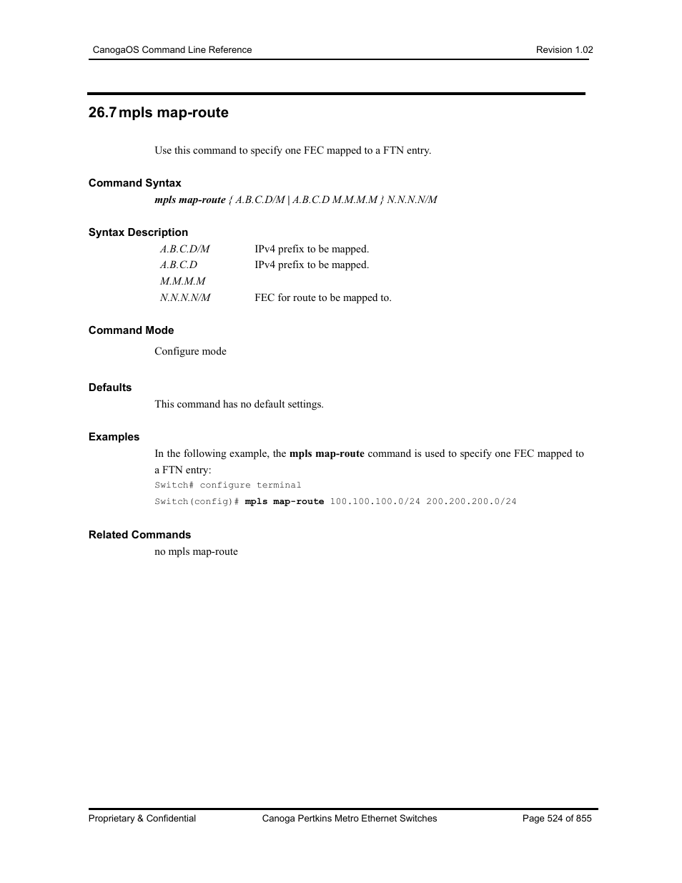 7 mpls map-route | CANOGA PERKINS CanogaOS Command Reference User Manual | Page 524 / 855