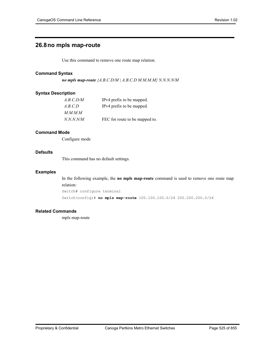 8 no mpls map-route | CANOGA PERKINS CanogaOS Command Reference User Manual | Page 525 / 855