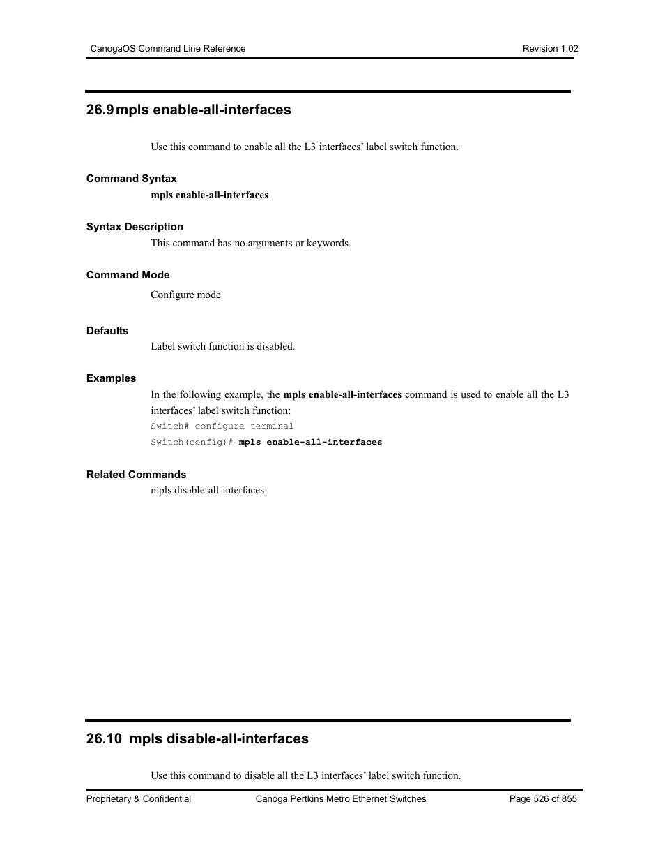 9 mpls enable-all-interfaces, 10 mpls disable-all-interfaces | CANOGA PERKINS CanogaOS Command Reference User Manual | Page 526 / 855