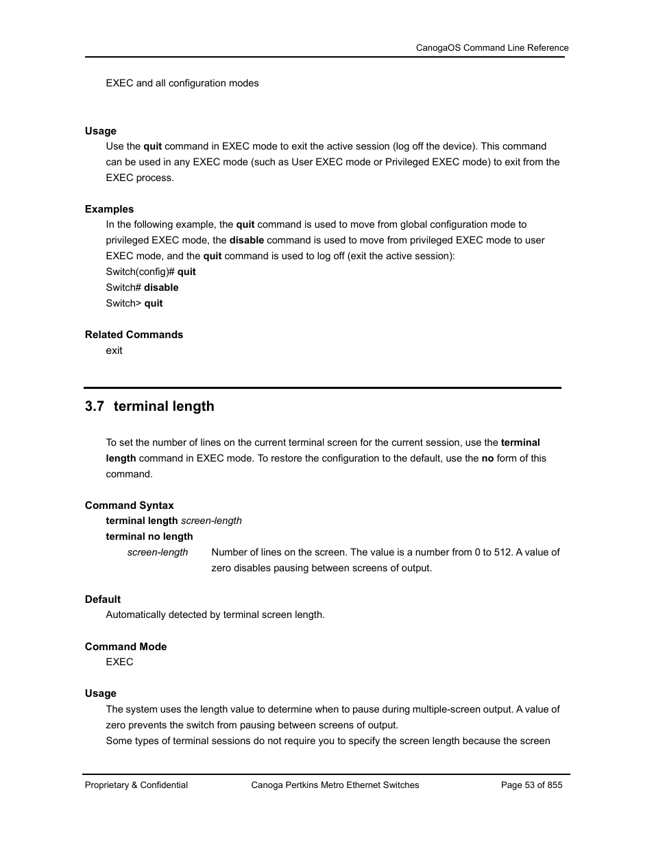 7 terminal length | CANOGA PERKINS CanogaOS Command Reference User Manual | Page 53 / 855