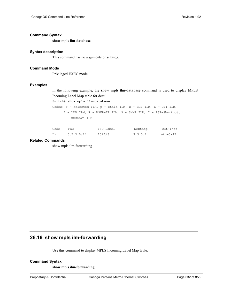 16 show mpls ilm-forwarding | CANOGA PERKINS CanogaOS Command Reference User Manual | Page 532 / 855