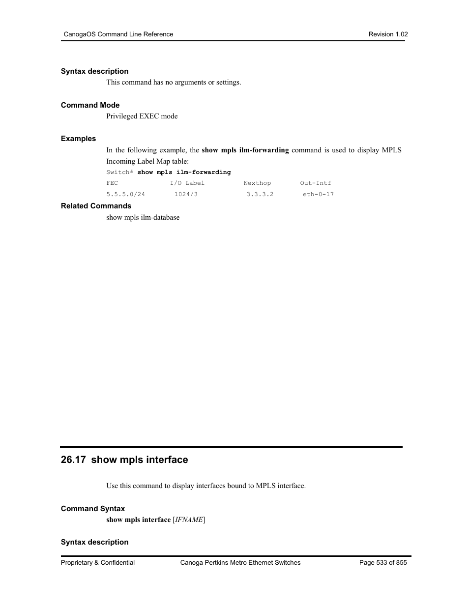 17 show mpls interface | CANOGA PERKINS CanogaOS Command Reference User Manual | Page 533 / 855