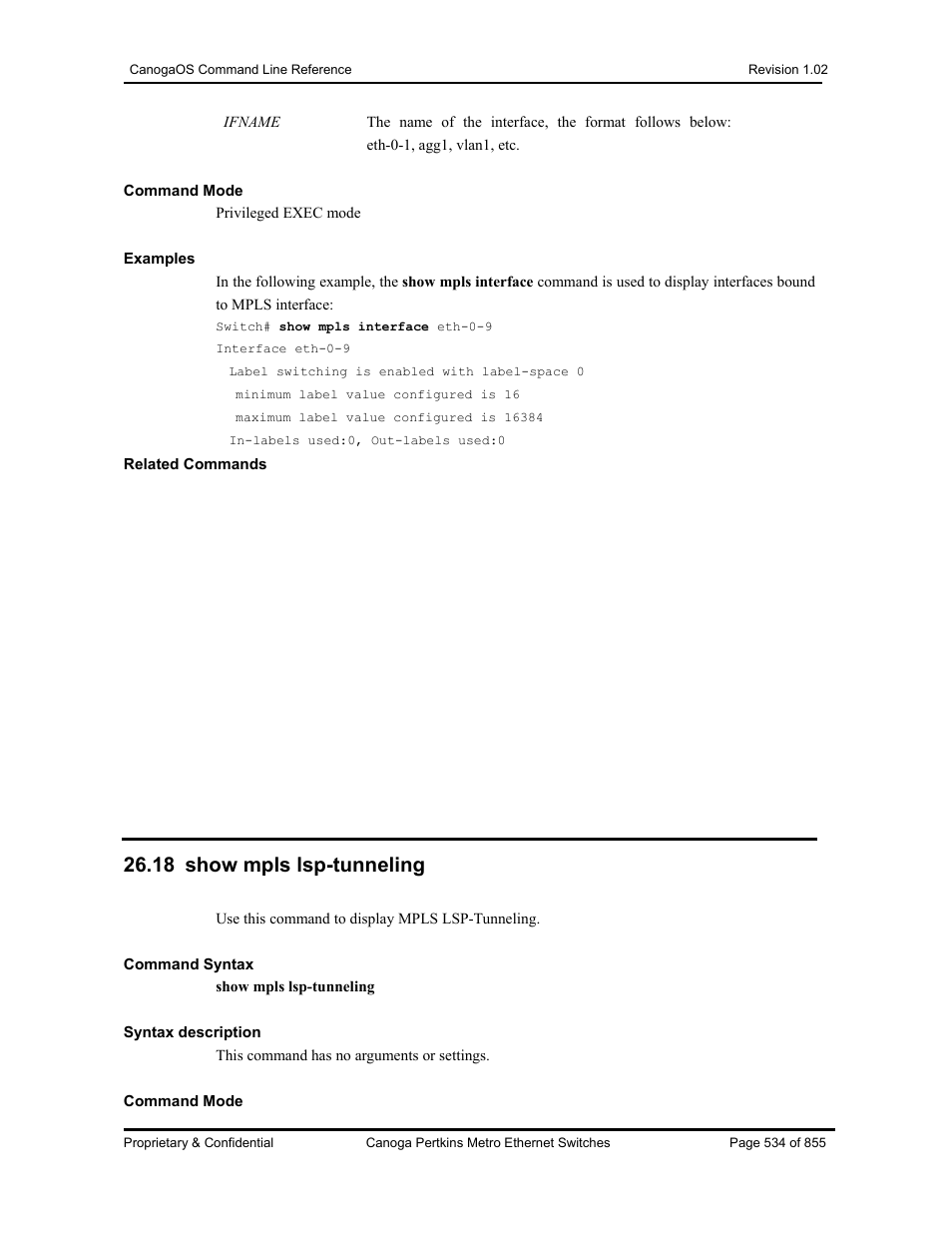 18 show mpls lsp-tunneling | CANOGA PERKINS CanogaOS Command Reference User Manual | Page 534 / 855