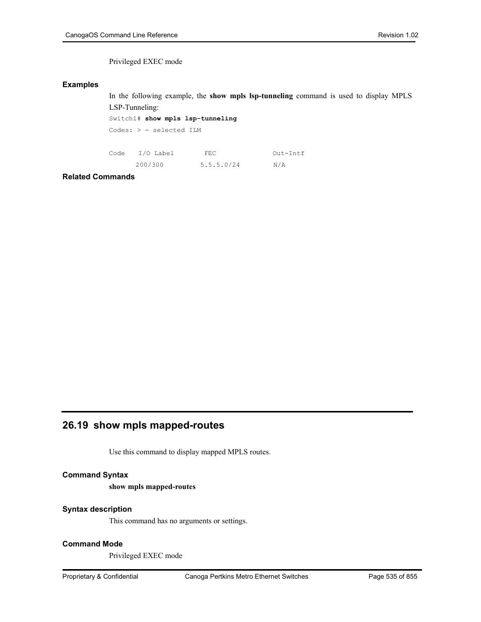 19 show mpls mapped-routes | CANOGA PERKINS CanogaOS Command Reference User Manual | Page 535 / 855