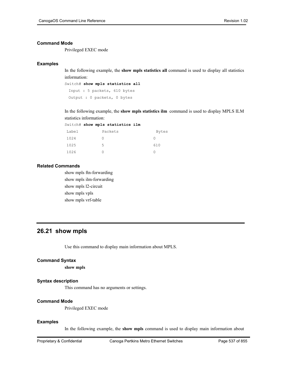 21 show mpls | CANOGA PERKINS CanogaOS Command Reference User Manual | Page 537 / 855