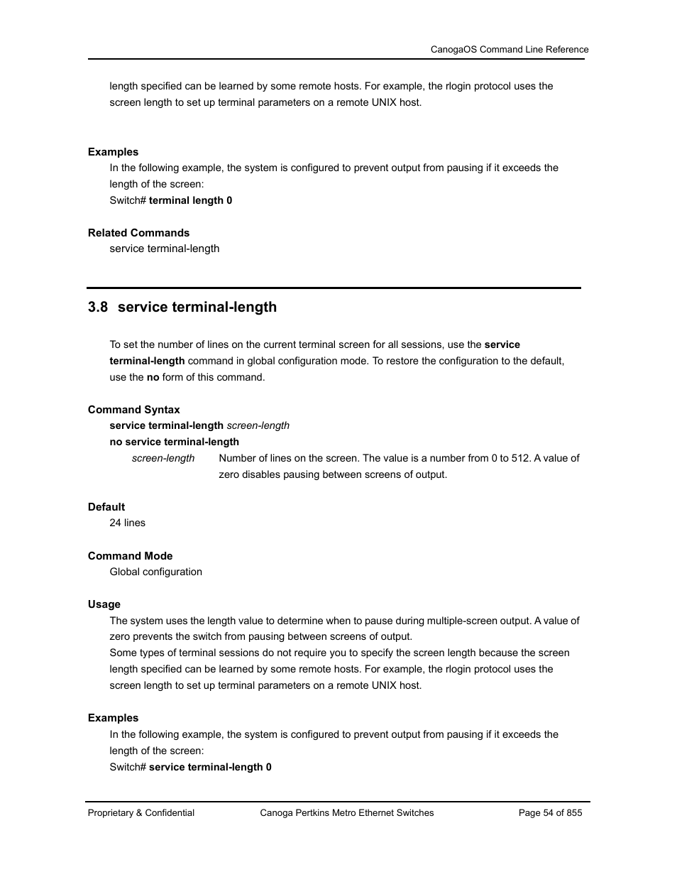 8 service terminal-length | CANOGA PERKINS CanogaOS Command Reference User Manual | Page 54 / 855