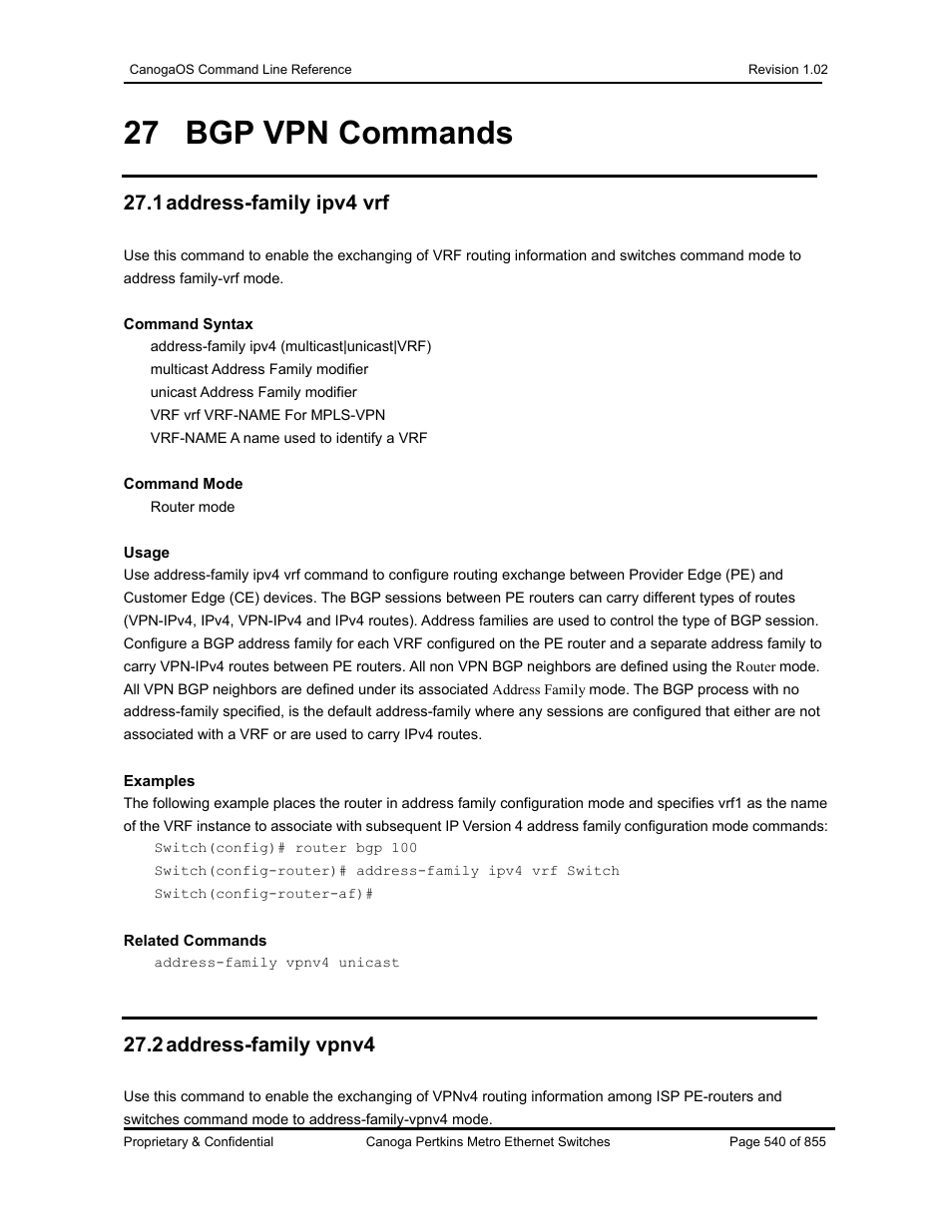 27 bgp vpn commands, 1 address-family ipv4 vrf, 2 address-family vpnv4 | CANOGA PERKINS CanogaOS Command Reference User Manual | Page 540 / 855