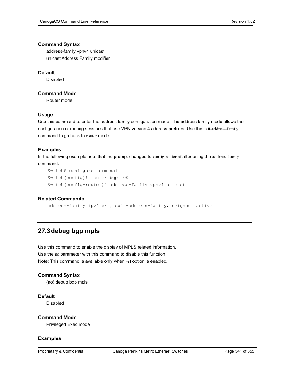 3 debug bgp mpls | CANOGA PERKINS CanogaOS Command Reference User Manual | Page 541 / 855