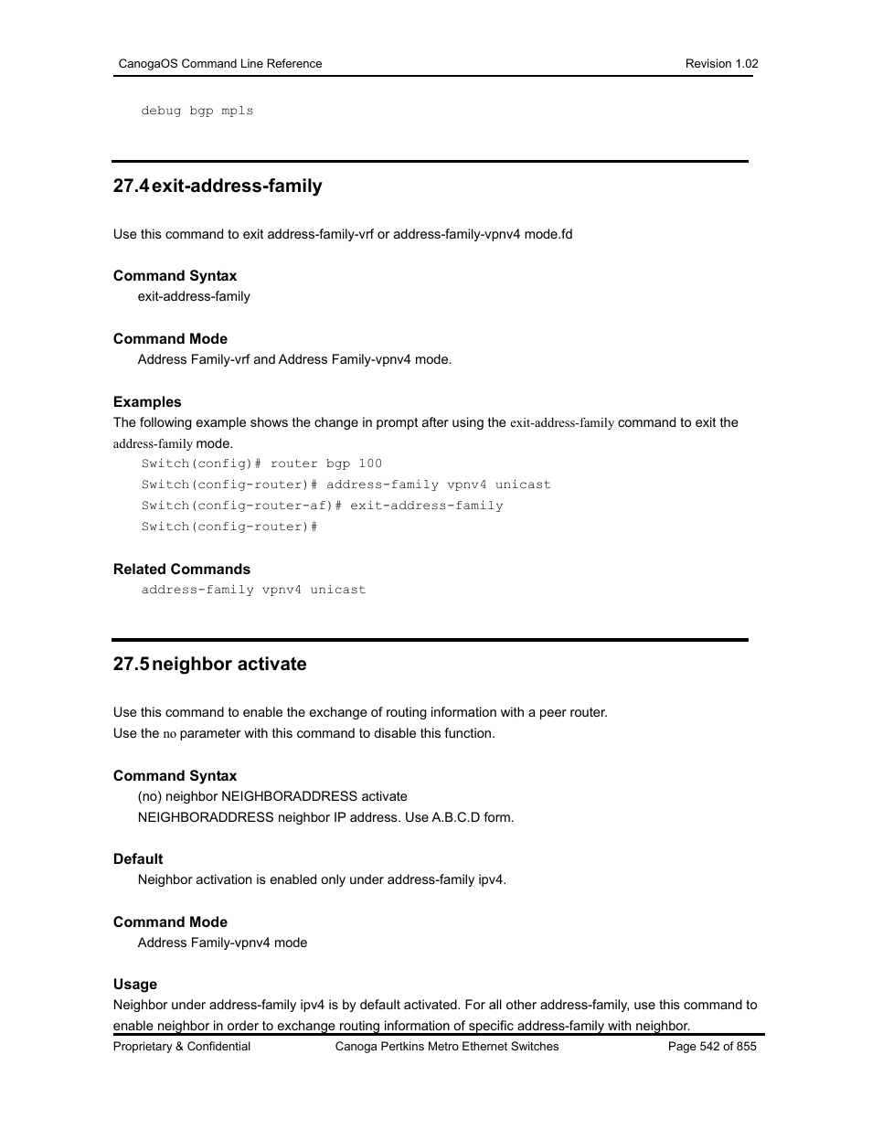 4 exit-address-family, 5 neighbor activate | CANOGA PERKINS CanogaOS Command Reference User Manual | Page 542 / 855