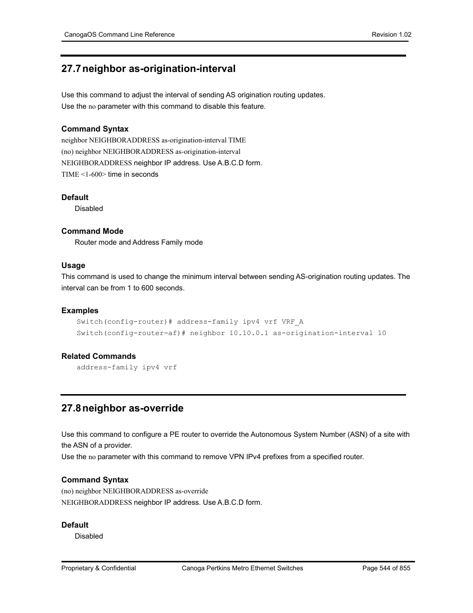 7 neighbor as-origination-interval, 8 neighbor as-override | CANOGA PERKINS CanogaOS Command Reference User Manual | Page 544 / 855