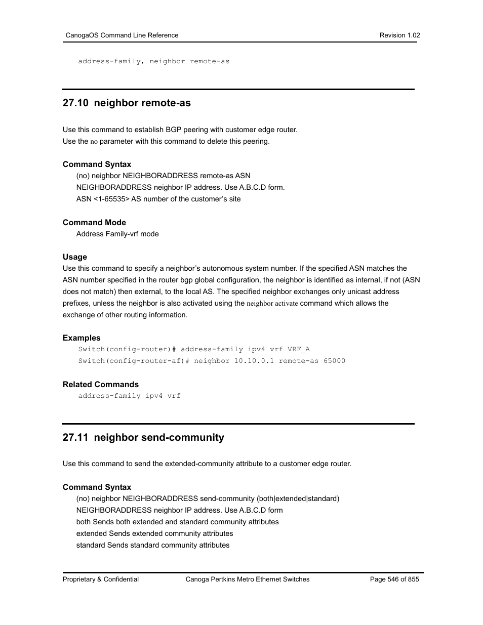 10 neighbor remote-as, 11 neighbor send-community | CANOGA PERKINS CanogaOS Command Reference User Manual | Page 546 / 855