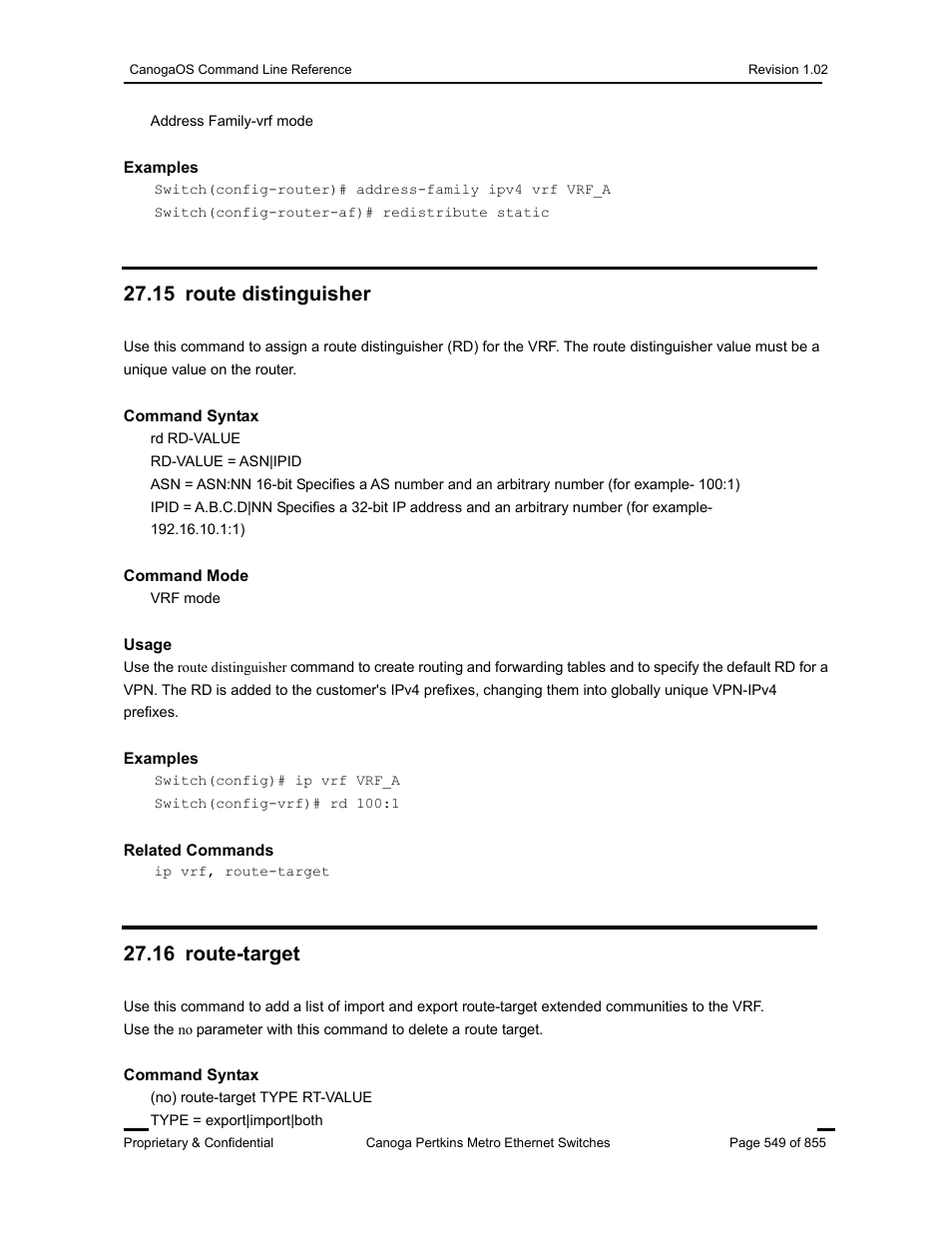 15 route distinguisher, 16 route-target | CANOGA PERKINS CanogaOS Command Reference User Manual | Page 549 / 855