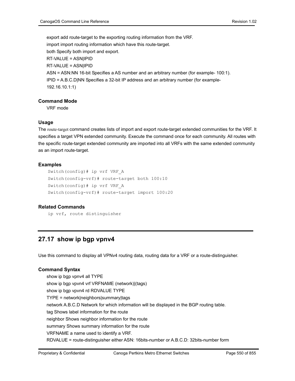 17 show ip bgp vpnv4 | CANOGA PERKINS CanogaOS Command Reference User Manual | Page 550 / 855