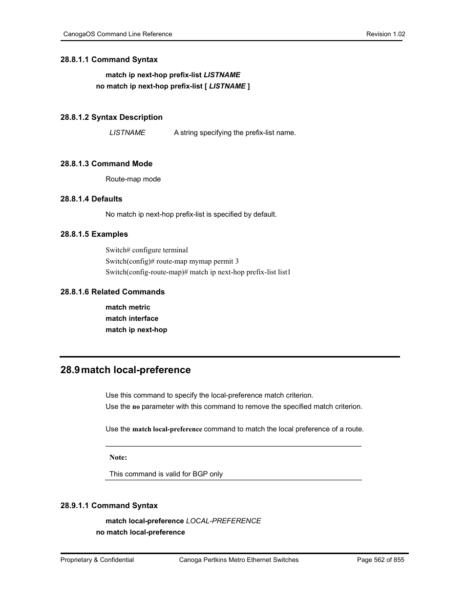 9 match local-preference | CANOGA PERKINS CanogaOS Command Reference User Manual | Page 562 / 855