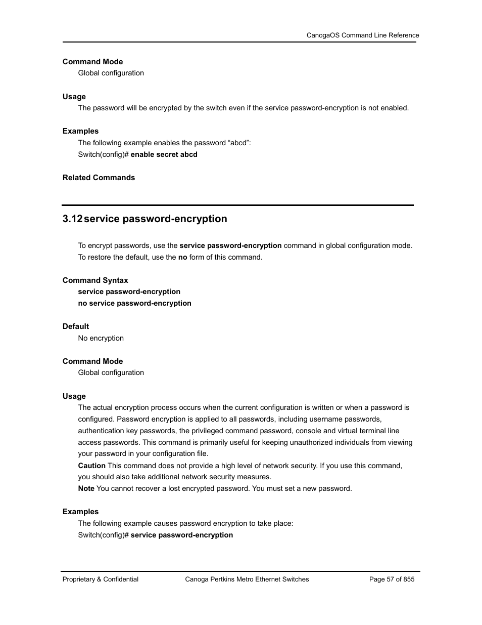 12 service password-encryption | CANOGA PERKINS CanogaOS Command Reference User Manual | Page 57 / 855