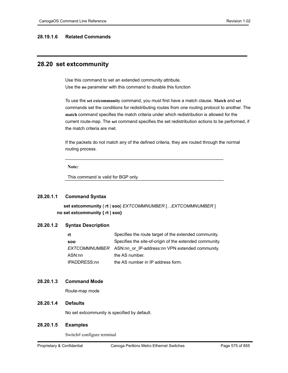 20 set extcommunity | CANOGA PERKINS CanogaOS Command Reference User Manual | Page 575 / 855