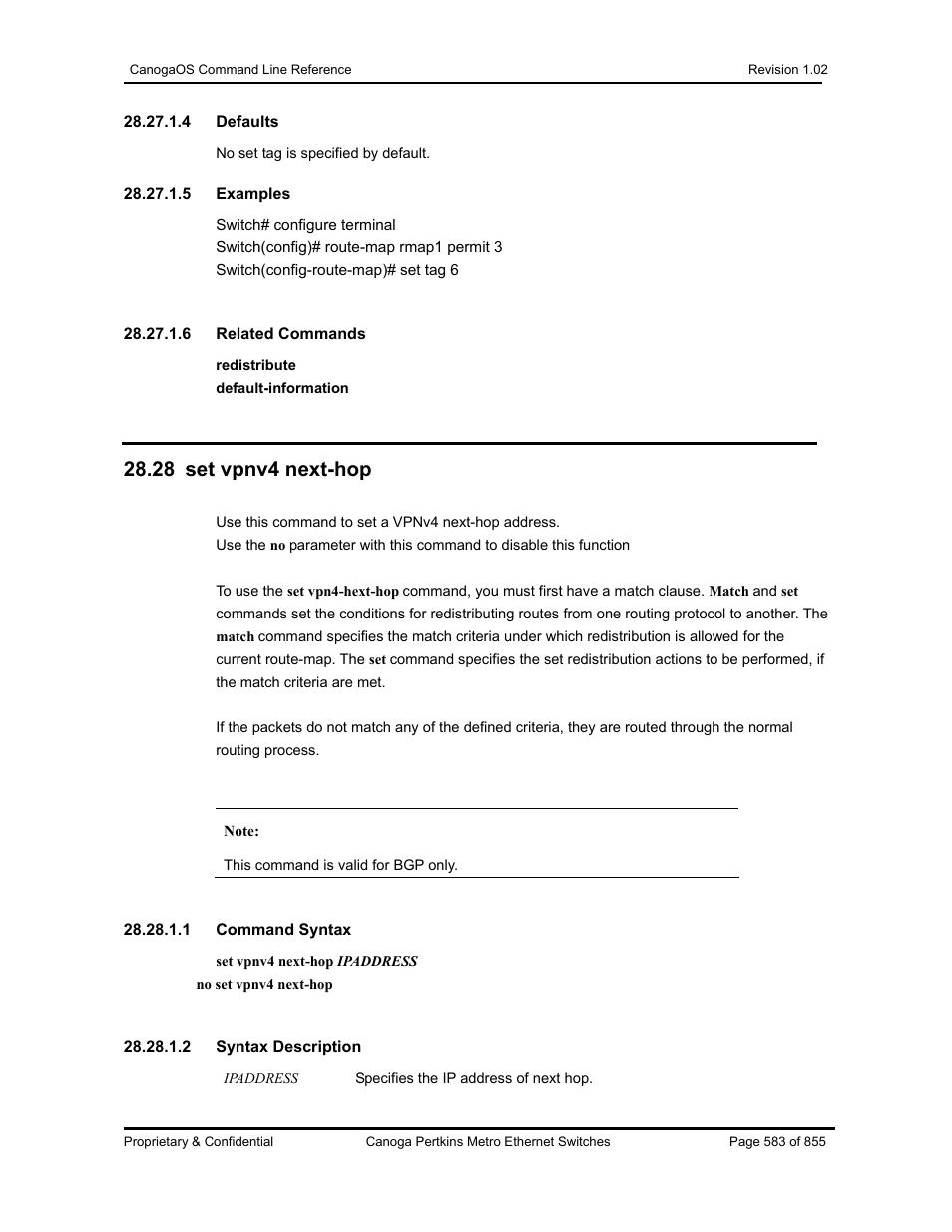 28 set vpnv4 next-hop | CANOGA PERKINS CanogaOS Command Reference User Manual | Page 583 / 855