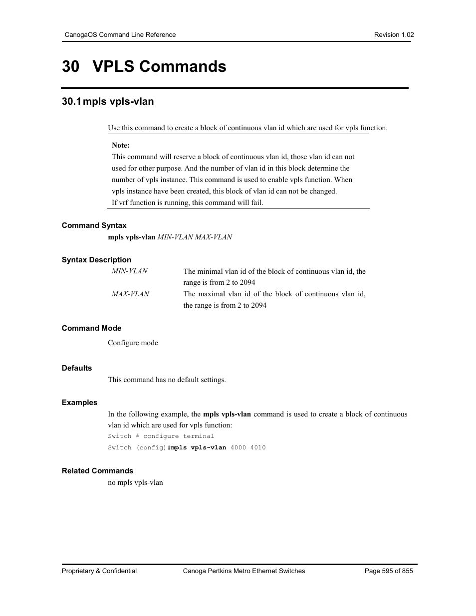 30 vpls commands, 1 mpls vpls-vlan | CANOGA PERKINS CanogaOS Command Reference User Manual | Page 595 / 855