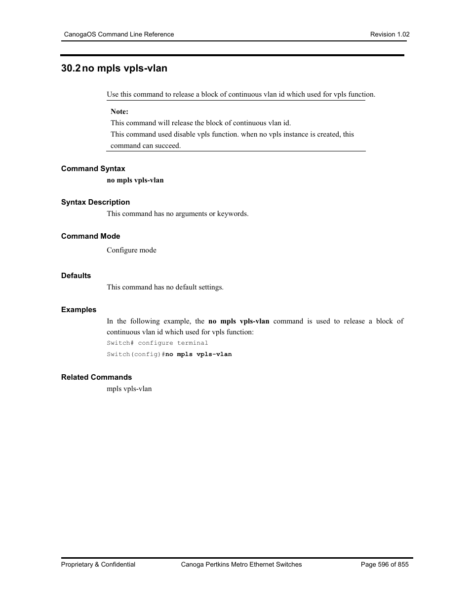 2 no mpls vpls-vlan | CANOGA PERKINS CanogaOS Command Reference User Manual | Page 596 / 855