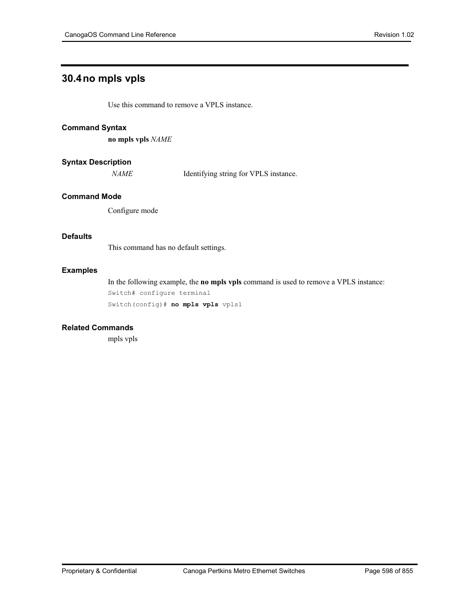 4 no mpls vpls | CANOGA PERKINS CanogaOS Command Reference User Manual | Page 598 / 855