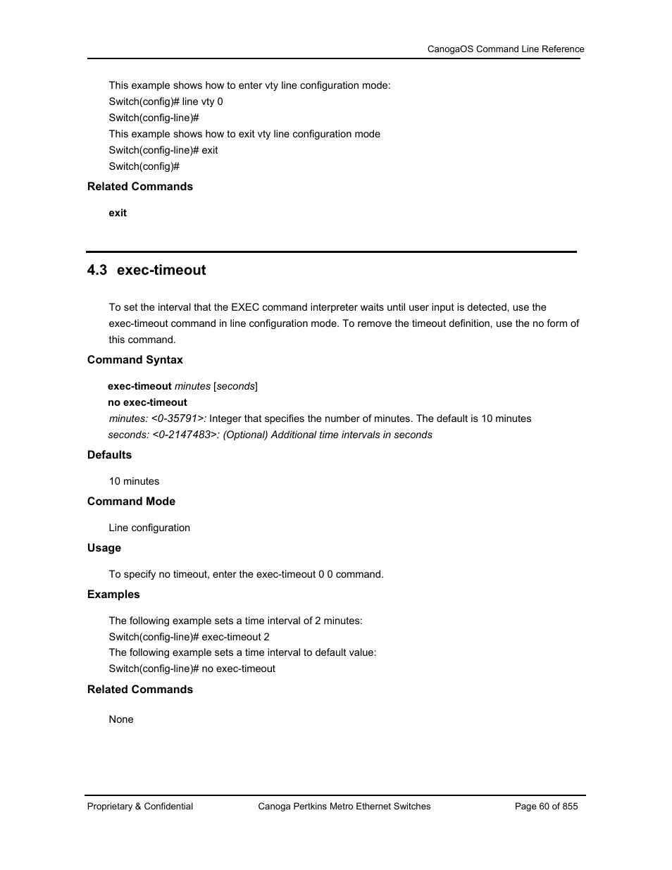 3 exec-timeout | CANOGA PERKINS CanogaOS Command Reference User Manual | Page 60 / 855