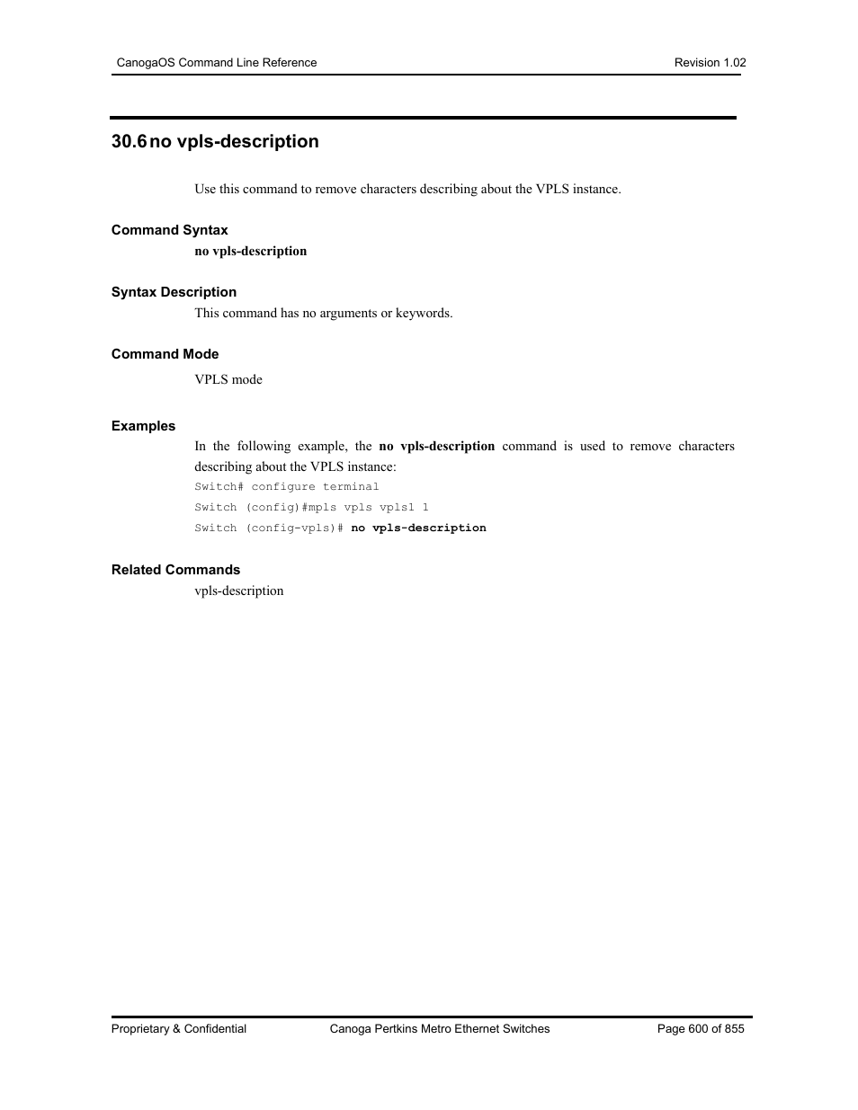 6 no vpls-description | CANOGA PERKINS CanogaOS Command Reference User Manual | Page 600 / 855