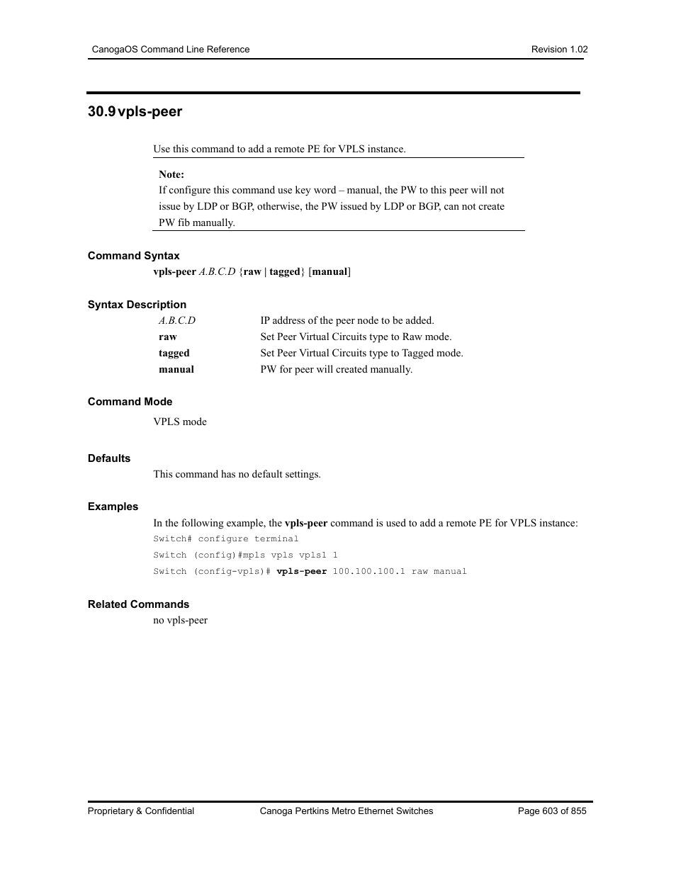 9 vpls-peer | CANOGA PERKINS CanogaOS Command Reference User Manual | Page 603 / 855