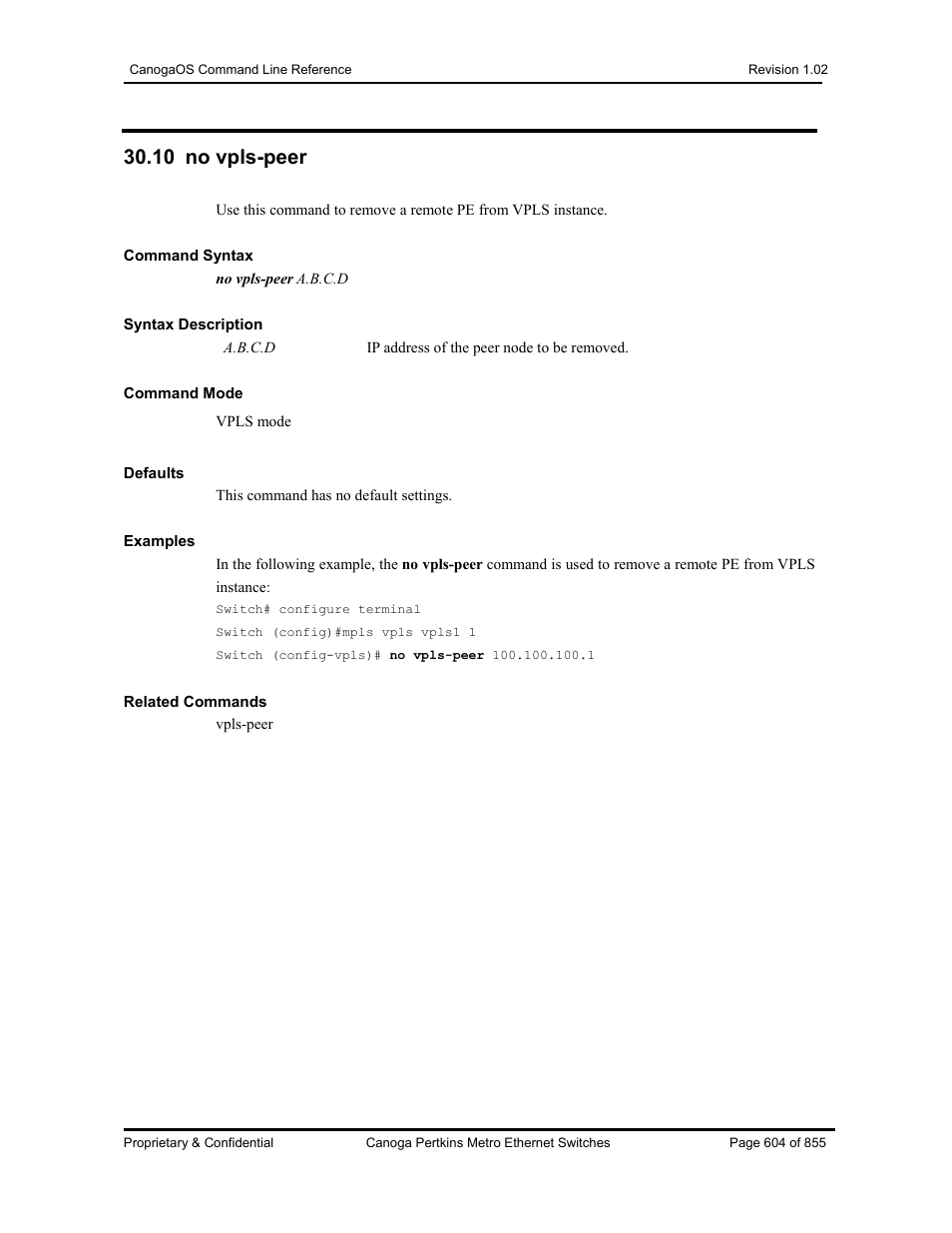 10 no vpls-peer | CANOGA PERKINS CanogaOS Command Reference User Manual | Page 604 / 855