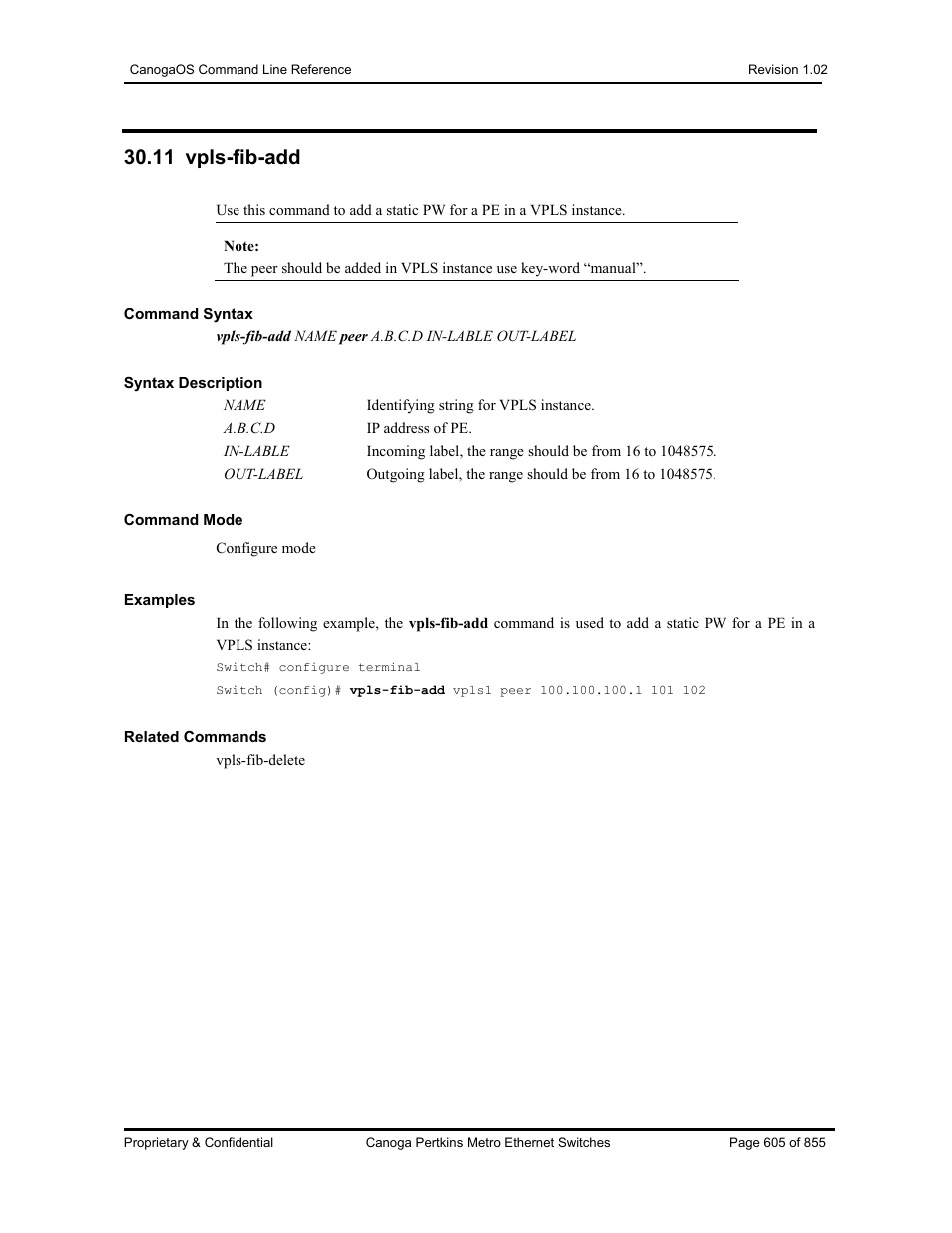 11 vpls-fib-add | CANOGA PERKINS CanogaOS Command Reference User Manual | Page 605 / 855