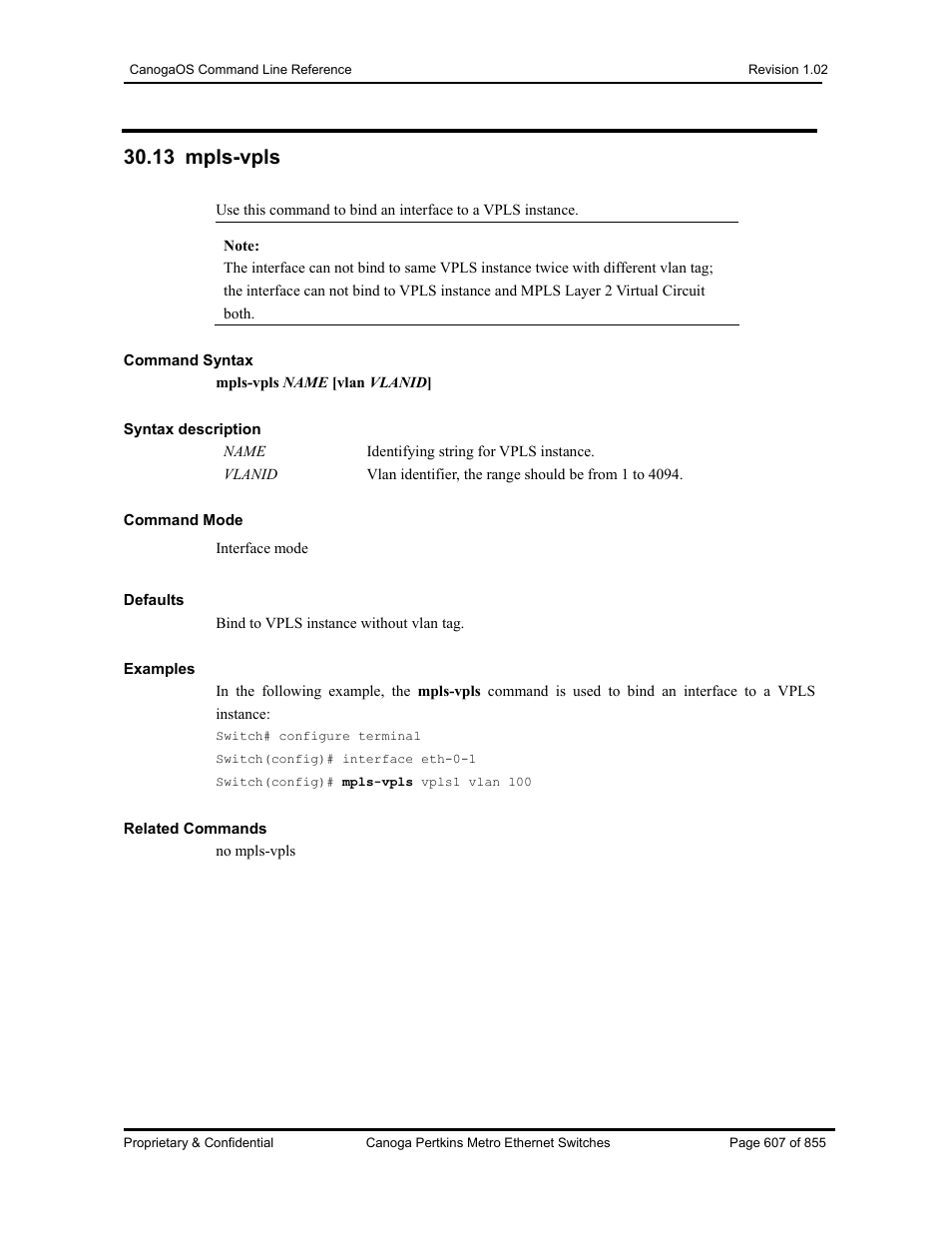 13 mpls-vpls | CANOGA PERKINS CanogaOS Command Reference User Manual | Page 607 / 855