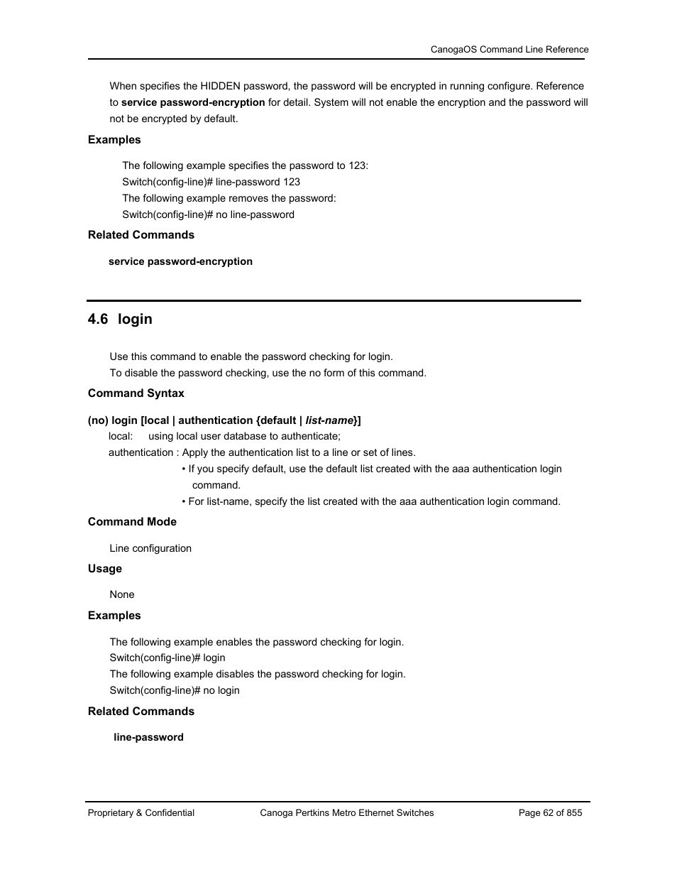 6 login | CANOGA PERKINS CanogaOS Command Reference User Manual | Page 62 / 855