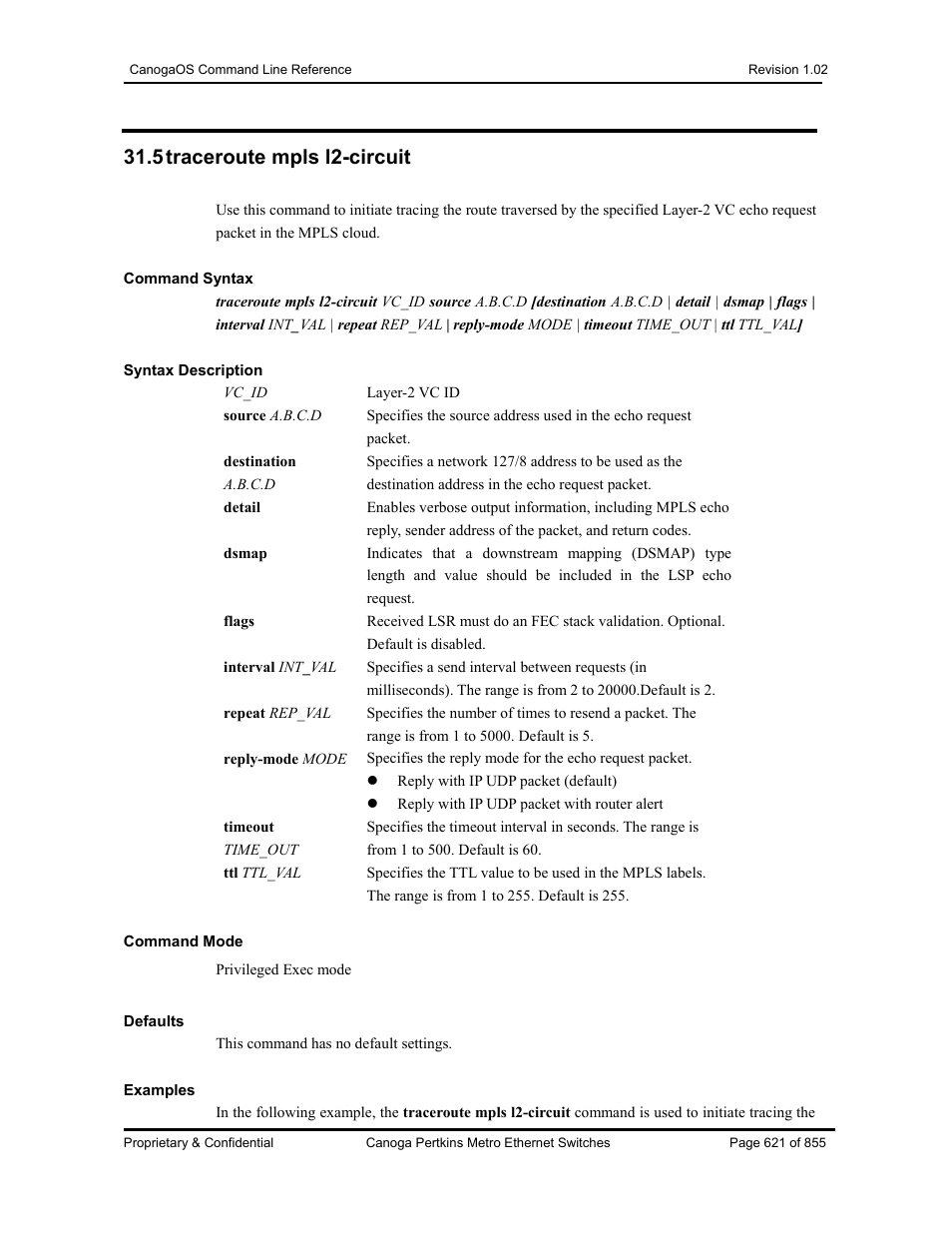 5 traceroute mpls l2-circuit | CANOGA PERKINS CanogaOS Command Reference User Manual | Page 621 / 855