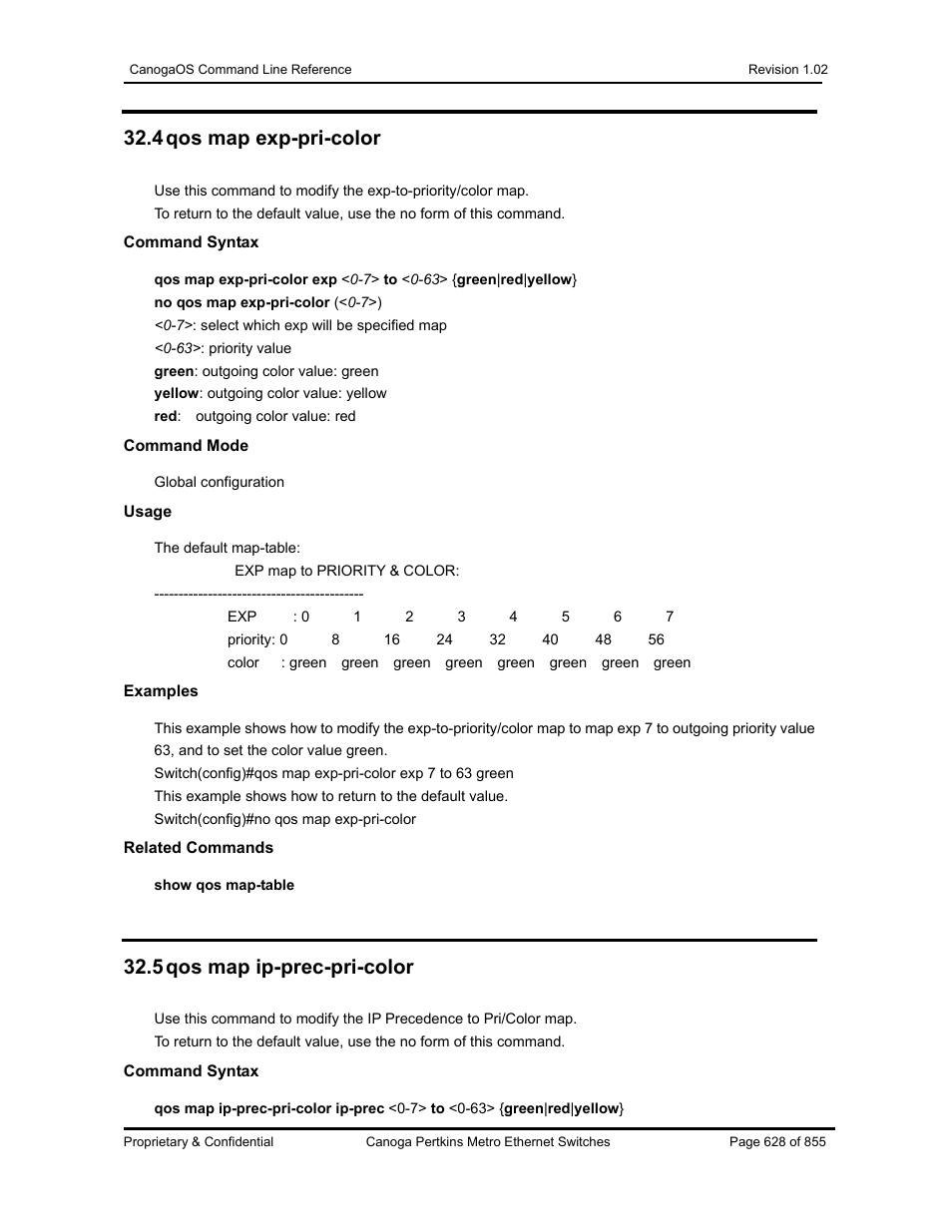 4 qos map exp-pri-color, 5 qos map ip-prec-pri-color | CANOGA PERKINS CanogaOS Command Reference User Manual | Page 628 / 855