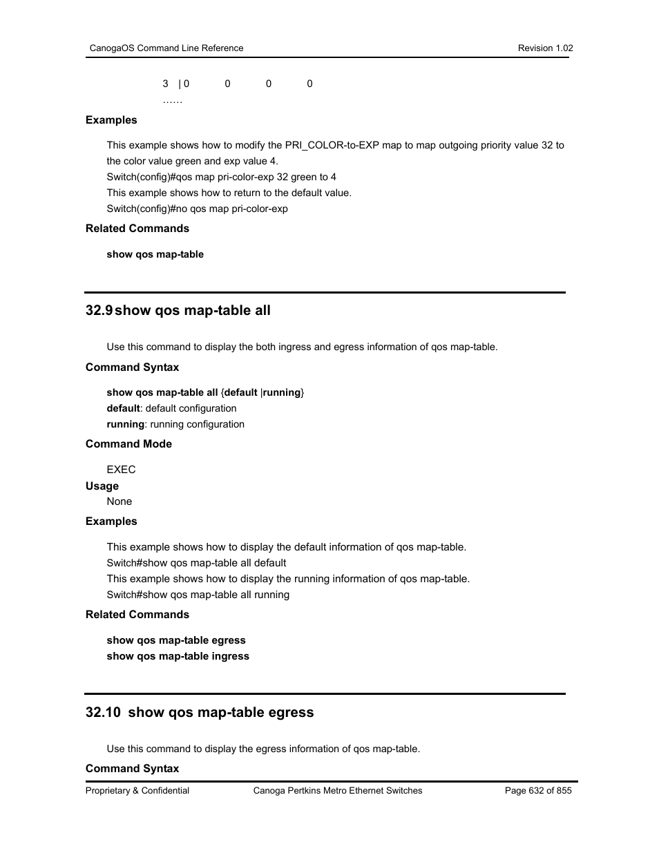 9 show qos map-table all, 10 show qos map-table egress | CANOGA PERKINS CanogaOS Command Reference User Manual | Page 632 / 855