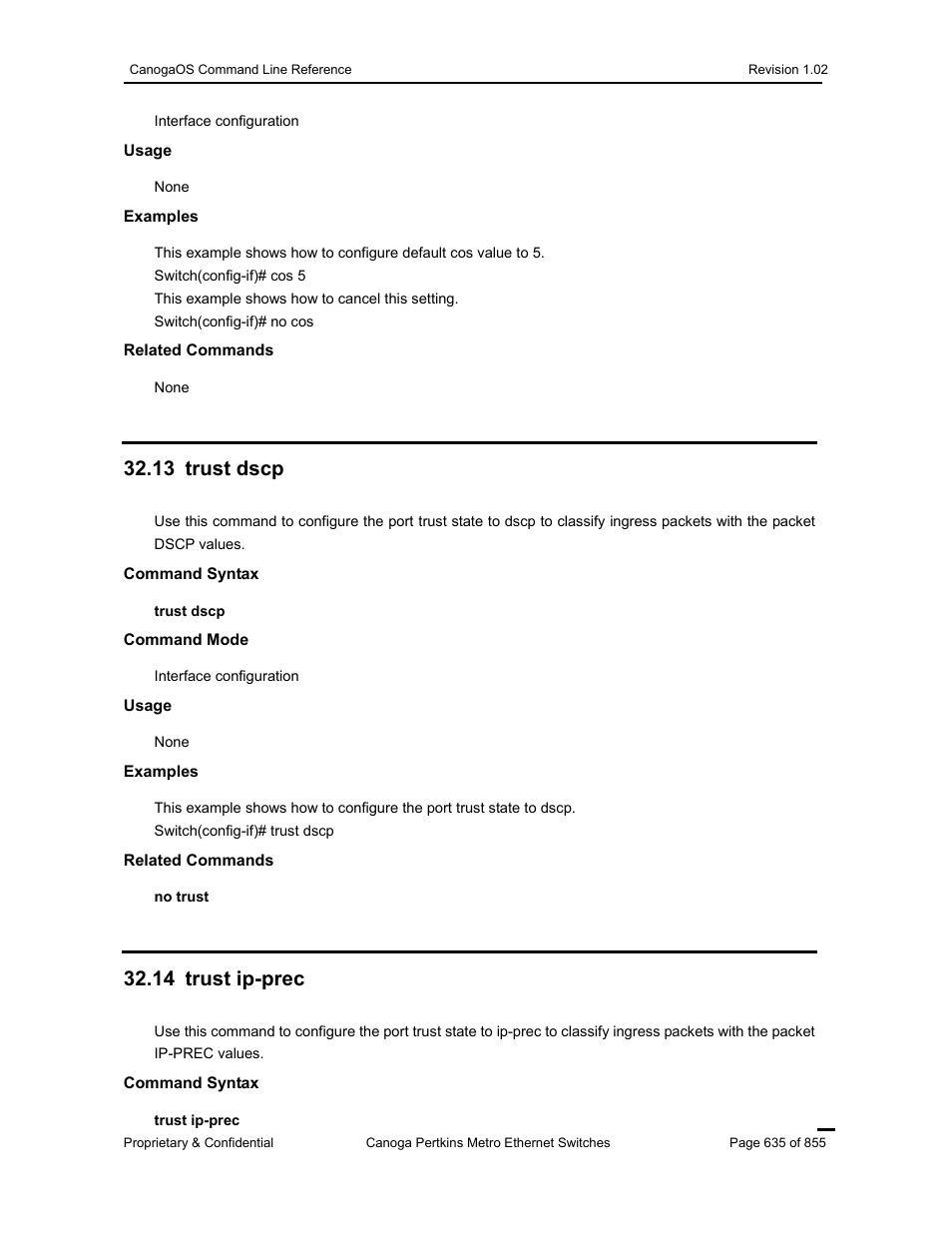 13 trust dscp, 14 trust ip-prec | CANOGA PERKINS CanogaOS Command Reference User Manual | Page 635 / 855