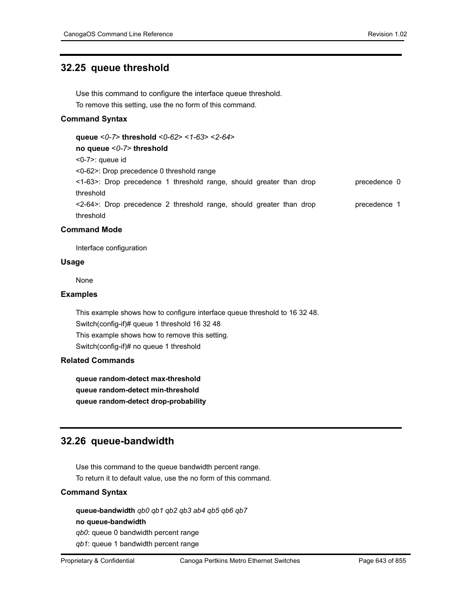 25 queue threshold, 26 queue-bandwidth | CANOGA PERKINS CanogaOS Command Reference User Manual | Page 643 / 855