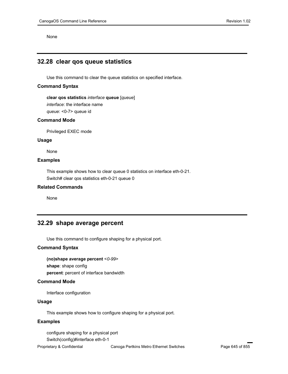 28 clear qos queue statistics, 29 shape average percent | CANOGA PERKINS CanogaOS Command Reference User Manual | Page 645 / 855
