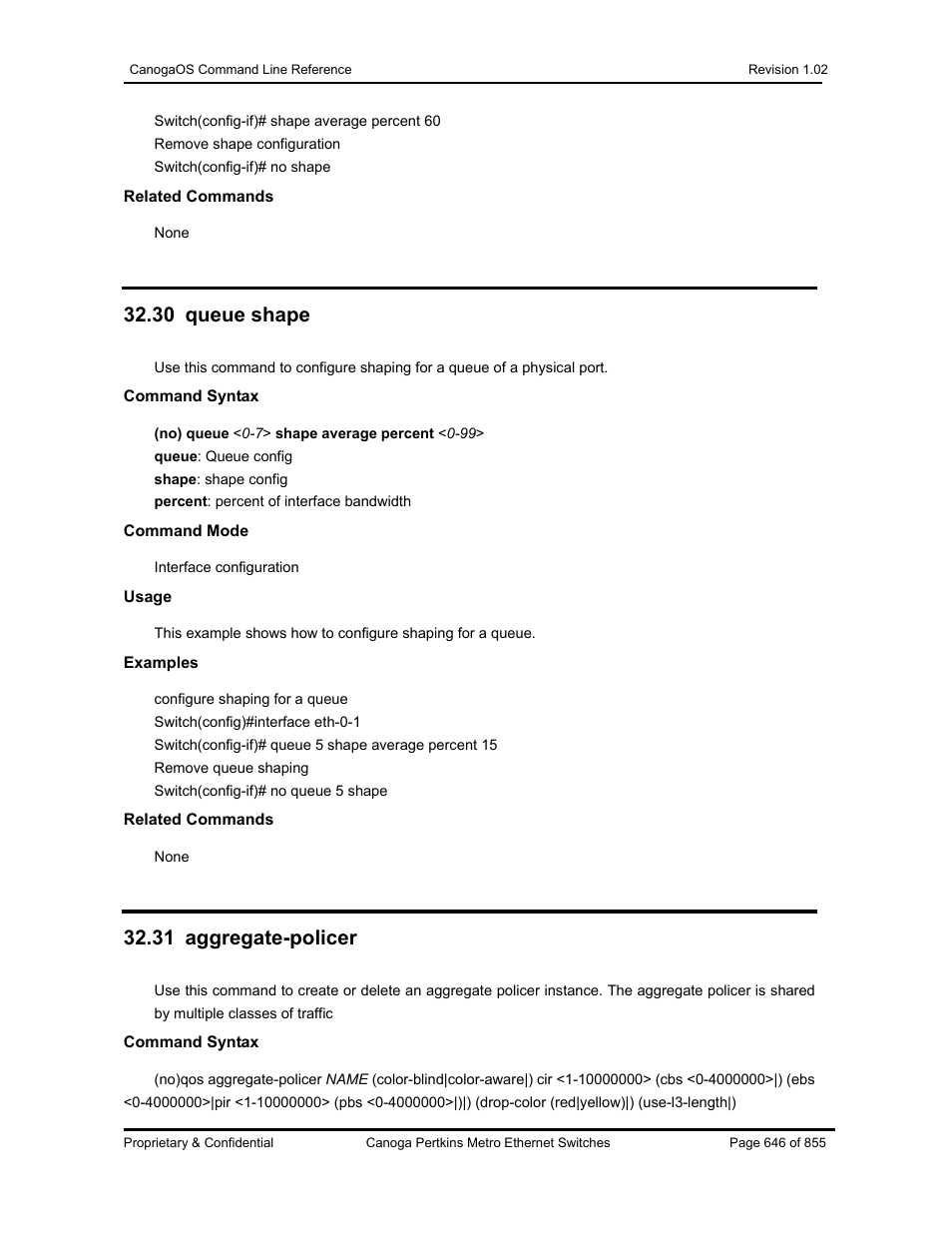 30 queue shape, 31 aggregate-policer | CANOGA PERKINS CanogaOS Command Reference User Manual | Page 646 / 855