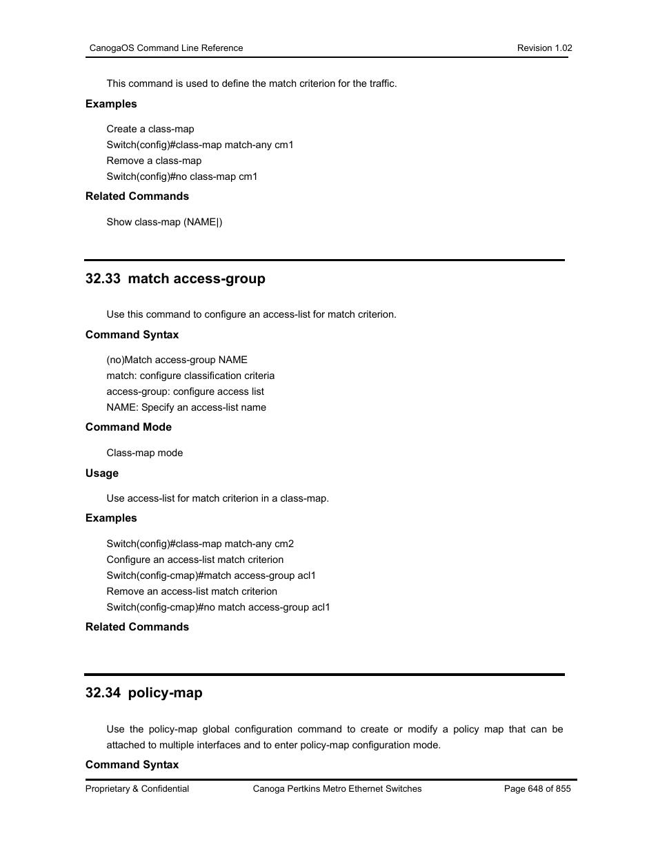 33 match access-group, 34 policy-map | CANOGA PERKINS CanogaOS Command Reference User Manual | Page 648 / 855