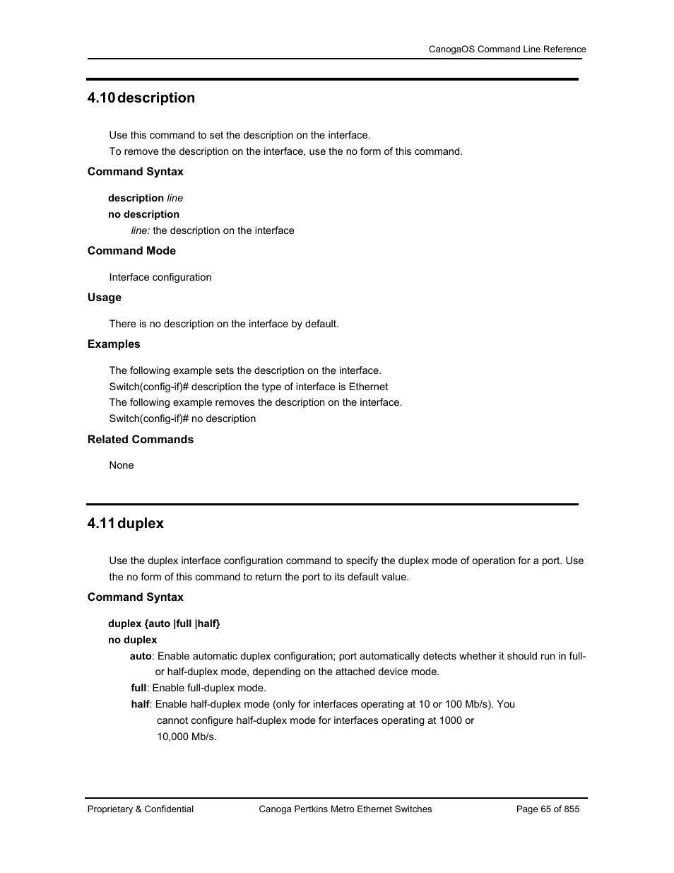 10 description, 11 duplex | CANOGA PERKINS CanogaOS Command Reference User Manual | Page 65 / 855