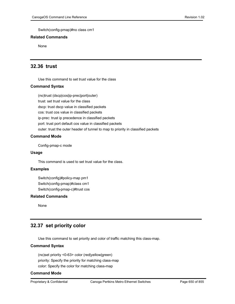 36 trust, 37 set priority color | CANOGA PERKINS CanogaOS Command Reference User Manual | Page 650 / 855