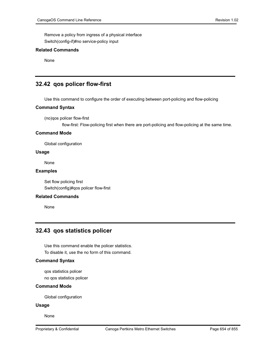 42 qos policer flow-first, 43 qos statistics policer | CANOGA PERKINS CanogaOS Command Reference User Manual | Page 654 / 855