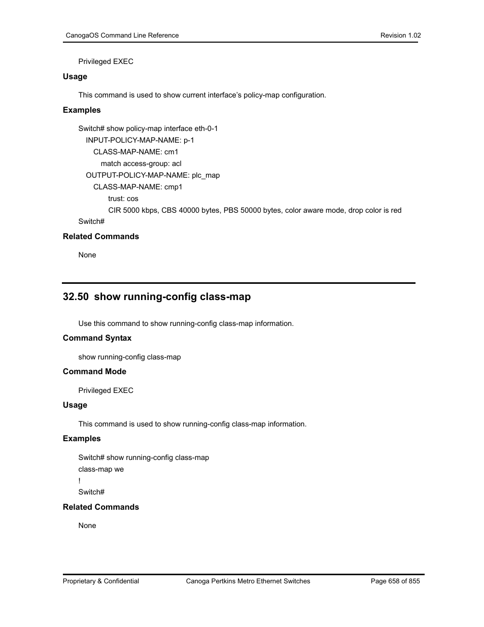 50 show running-config class-map | CANOGA PERKINS CanogaOS Command Reference User Manual | Page 658 / 855