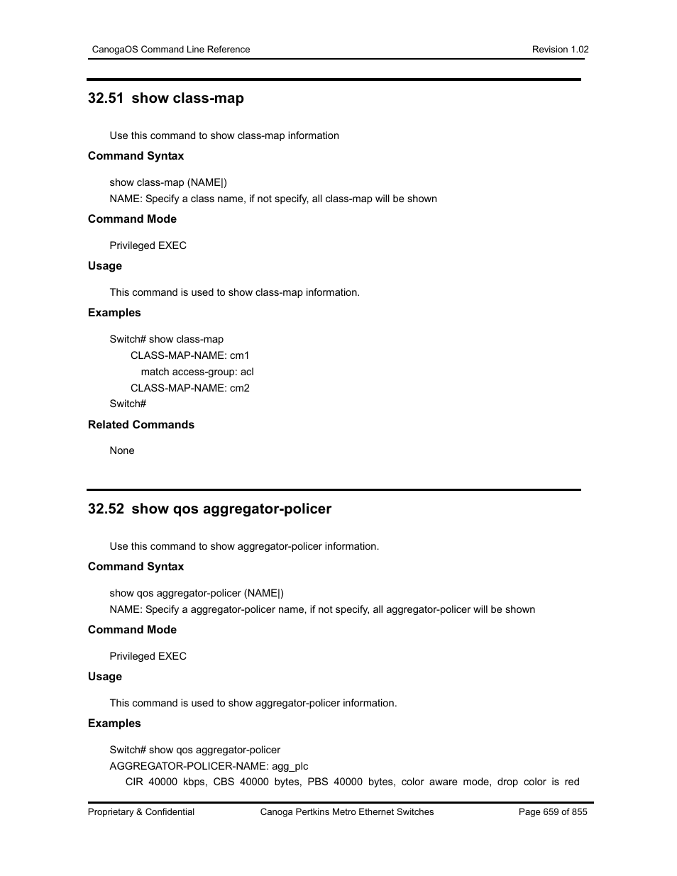 51 show class-map, 52 show qos aggregator-policer | CANOGA PERKINS CanogaOS Command Reference User Manual | Page 659 / 855