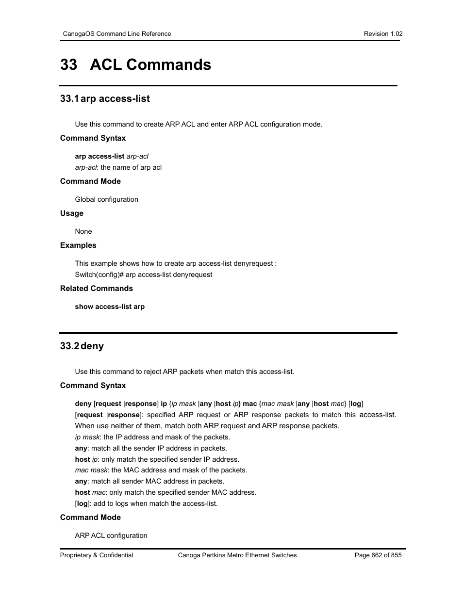 33 acl commands, 1 arp access-list, 2 deny | CANOGA PERKINS CanogaOS Command Reference User Manual | Page 662 / 855