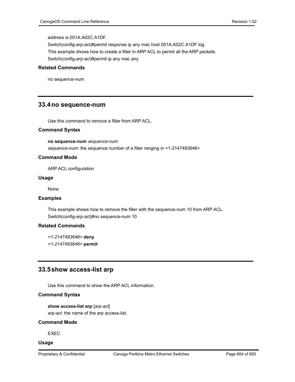 4 no sequence-num, 5 show access-list arp | CANOGA PERKINS CanogaOS Command Reference User Manual | Page 664 / 855