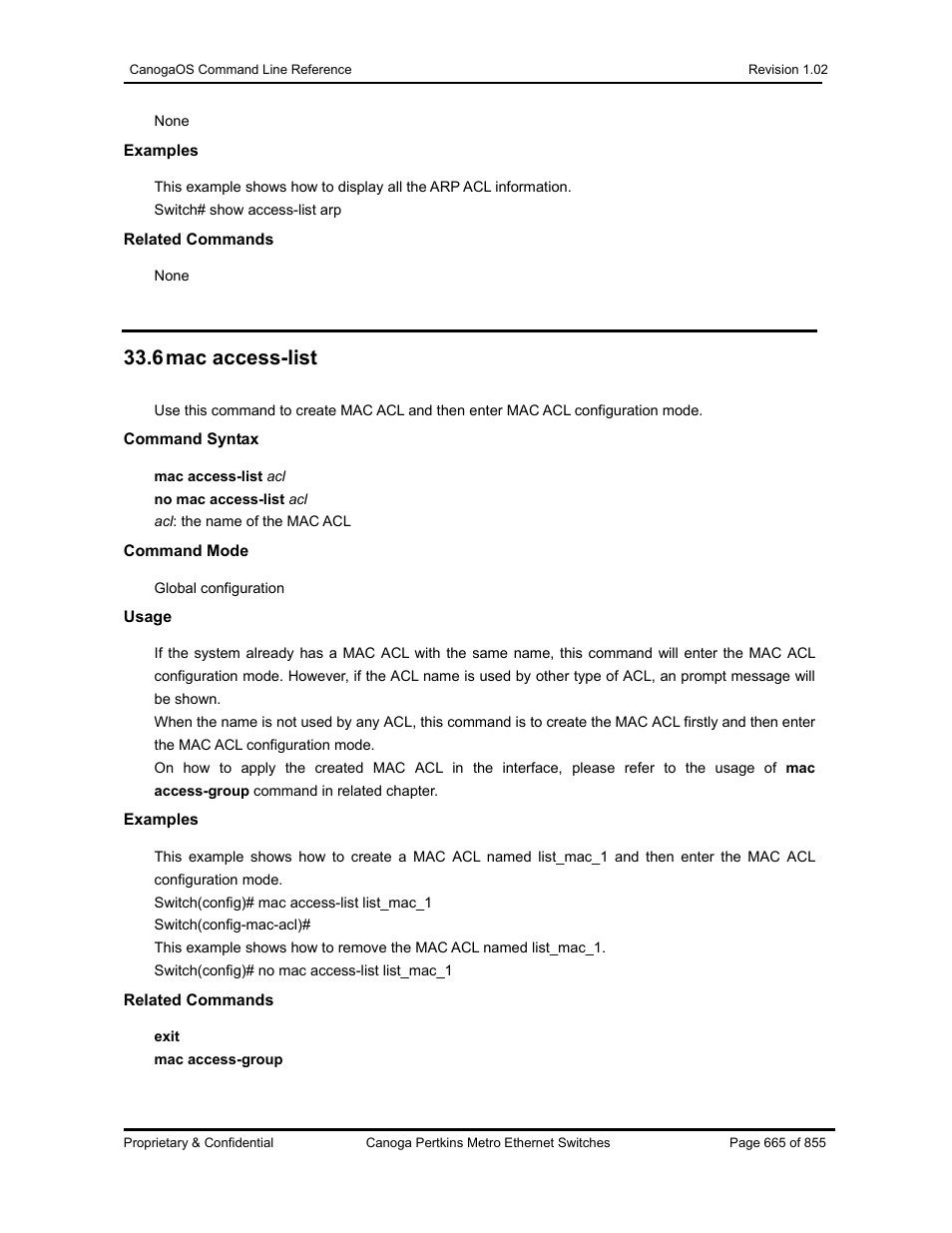 6 mac access-list | CANOGA PERKINS CanogaOS Command Reference User Manual | Page 665 / 855