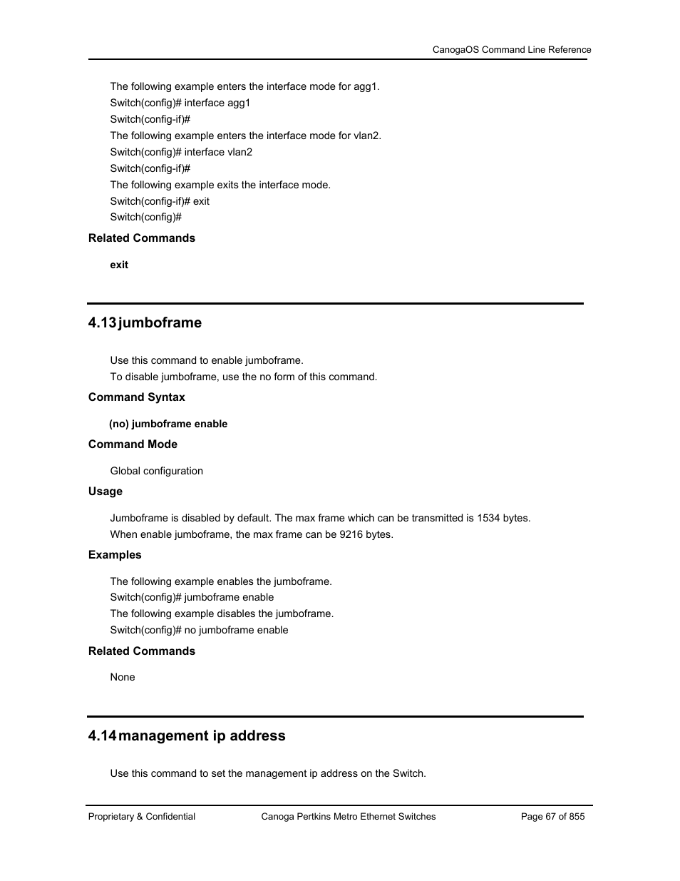 13 jumboframe, 14 management ip address | CANOGA PERKINS CanogaOS Command Reference User Manual | Page 67 / 855